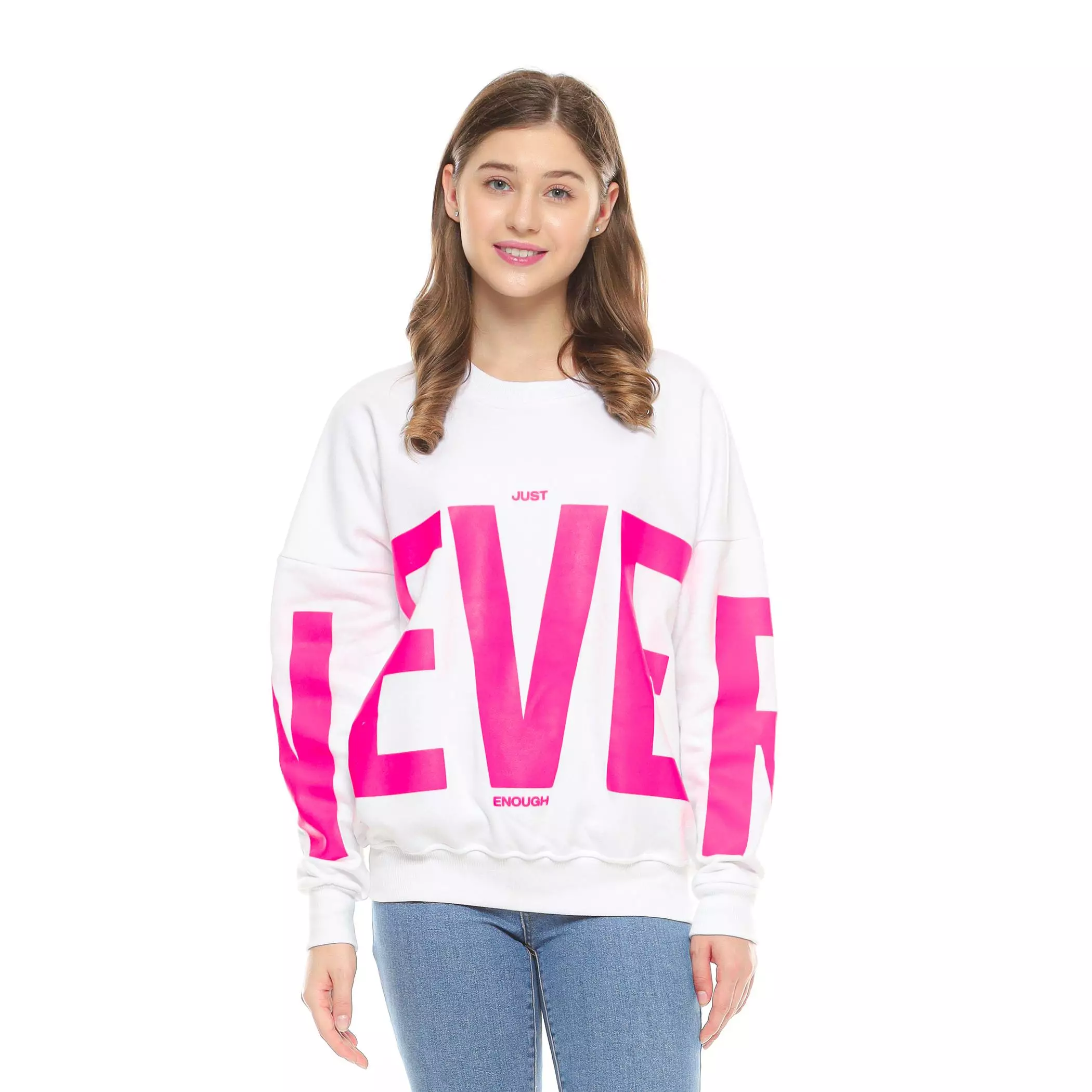 Enough For Today Sweater Oversize Oblong Wanita Big Size Jumbo Crewneck Putih Boxy Never Fuschia