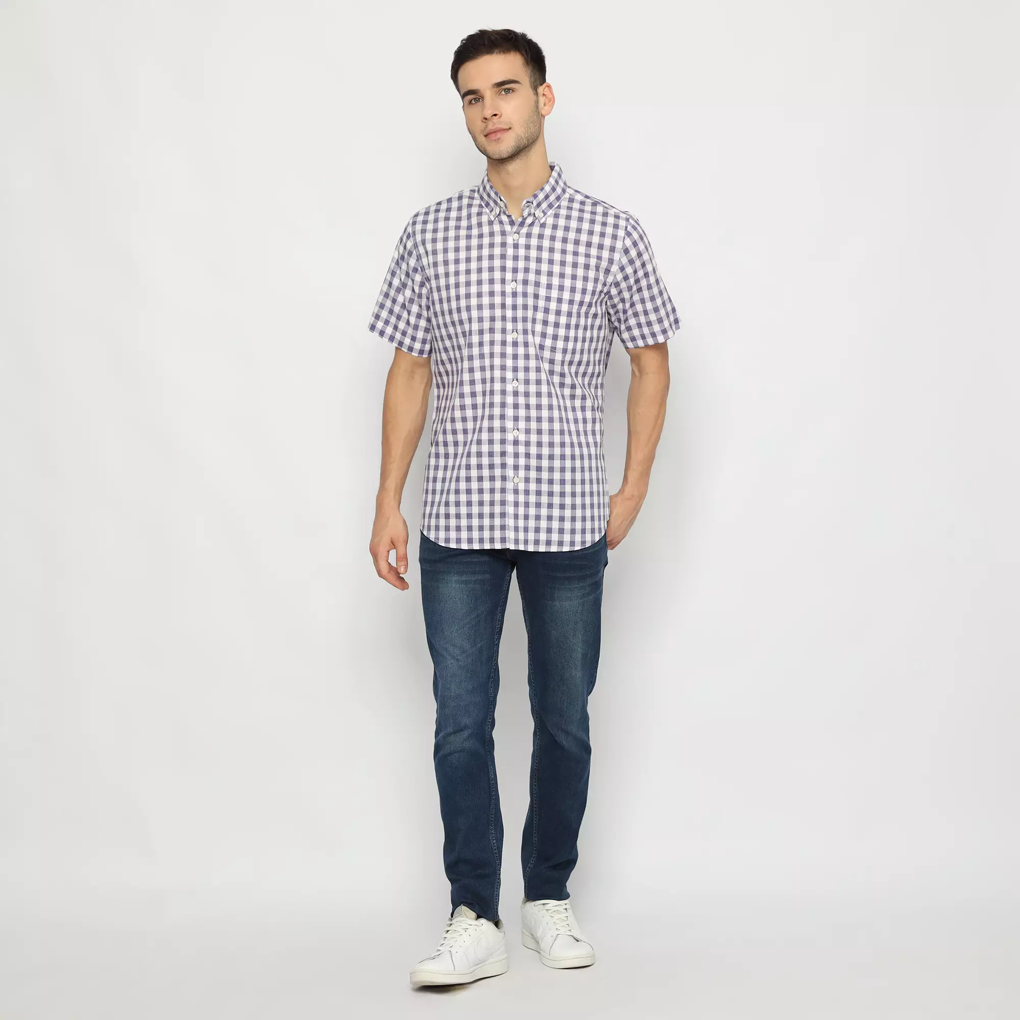 Platini Kemeja Kotak Pria Lengan Pendek Katun 73334 Ungu