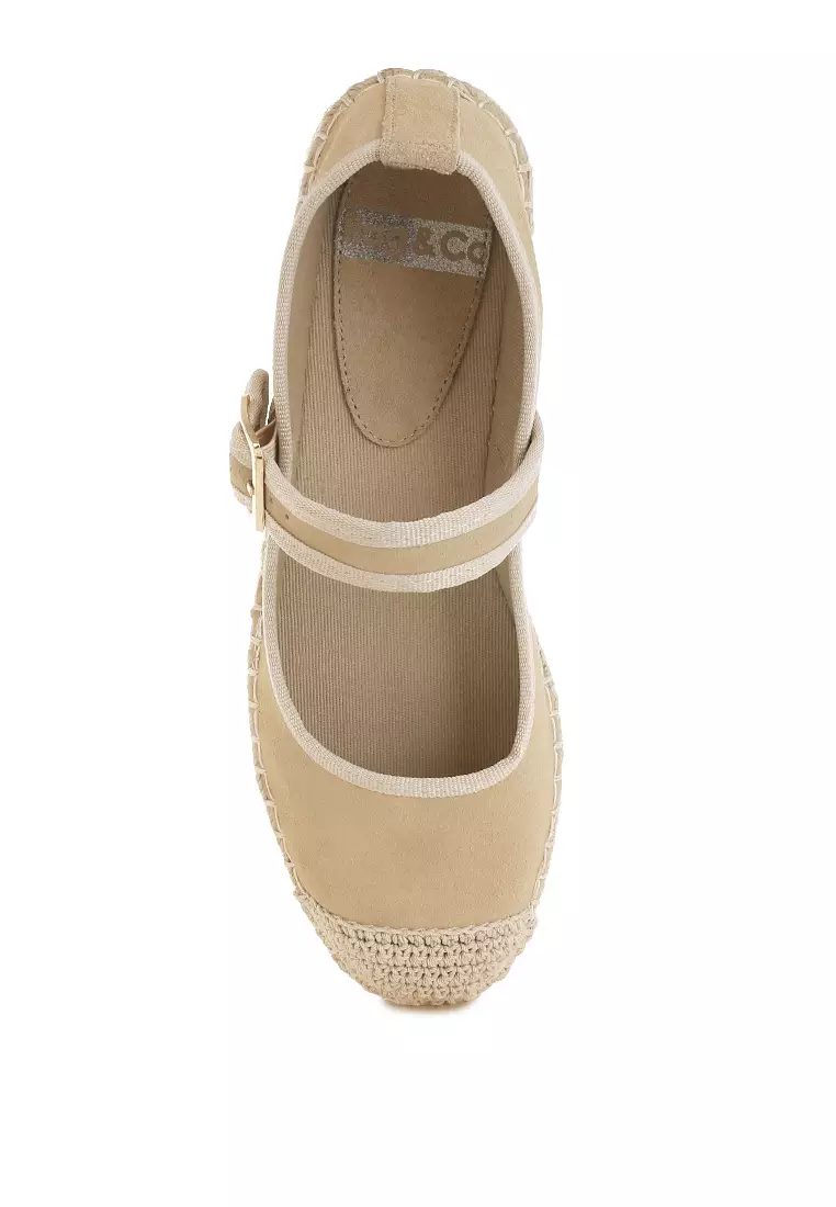 Soft Suede Leather Mary Jane Espadrilles In Beige