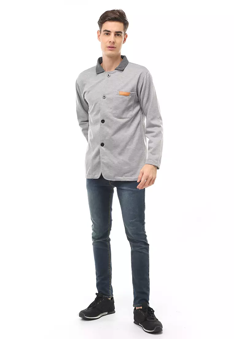Woreq Atasan Formal Pria Outerwear Kemeja Blazer Lengan Panjang Material Fleece ORIGINAL - Light Gray