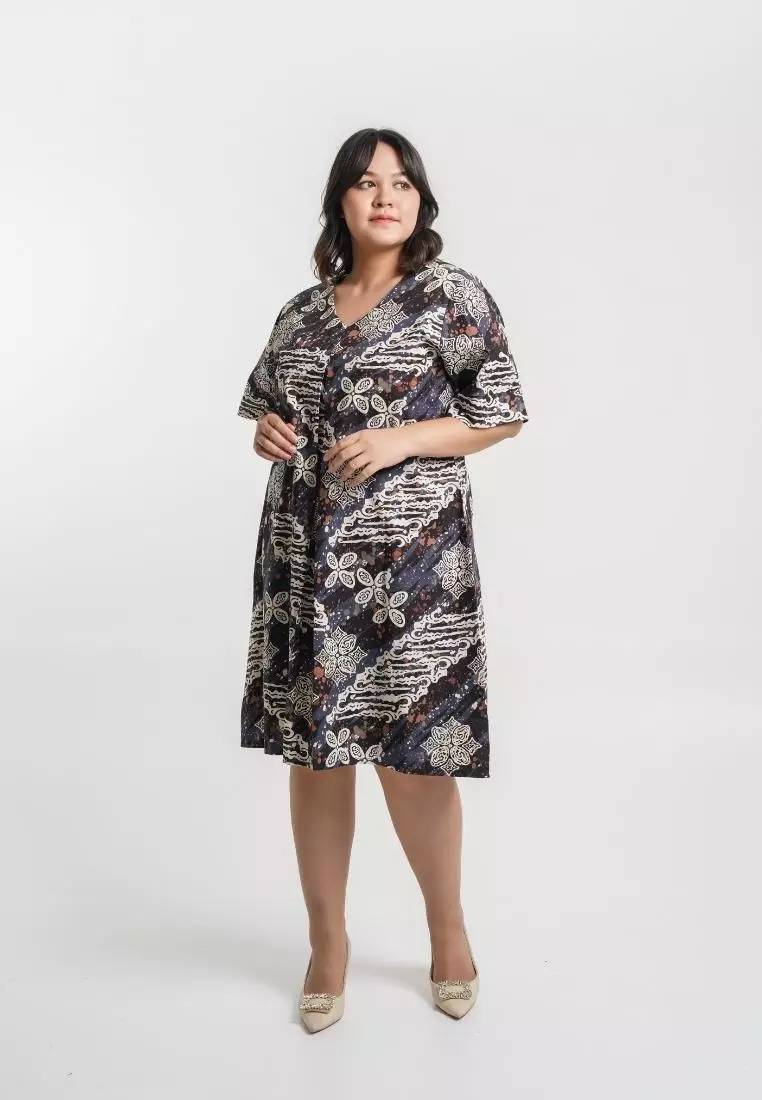 Plus Size Batik Dress Zelia Navy