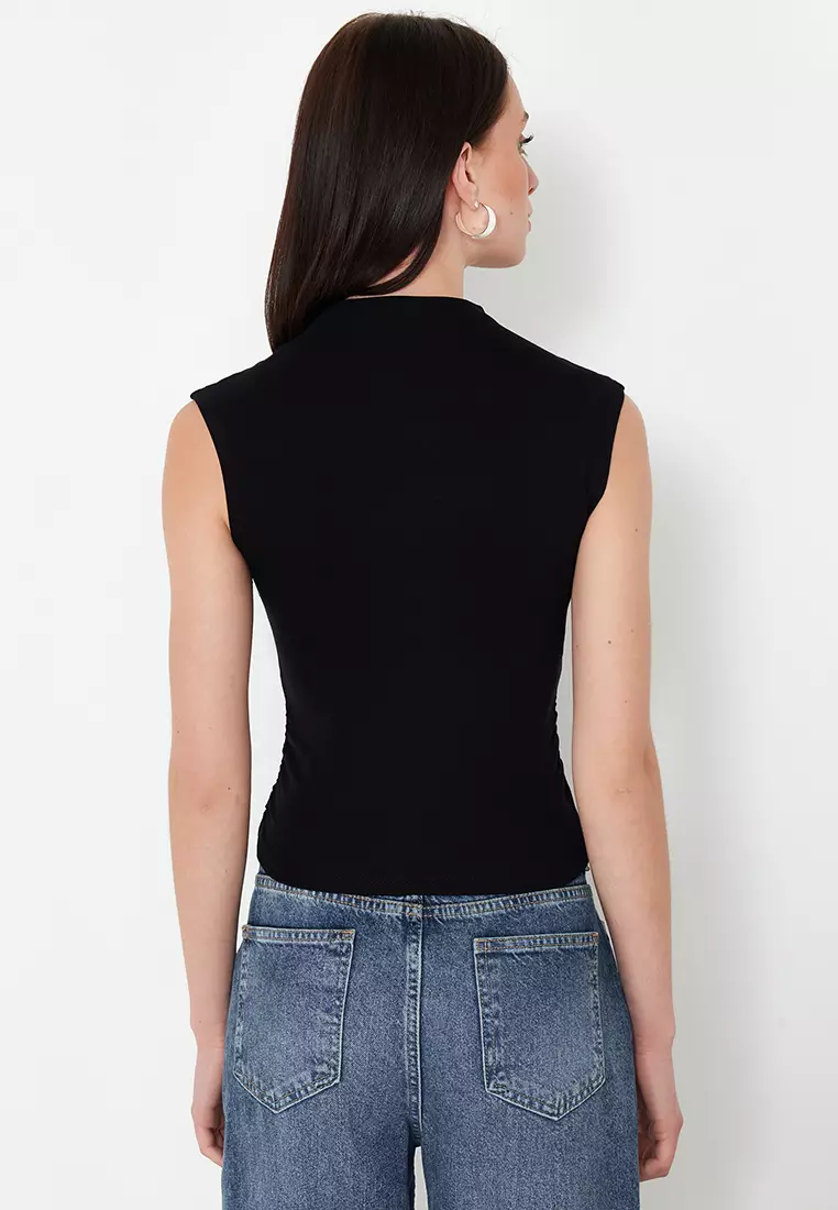 Black Stand Collar Gather/Drape Detailed Fitted/Asymmetrical Knitted Blouse TWOSS24BZ00534