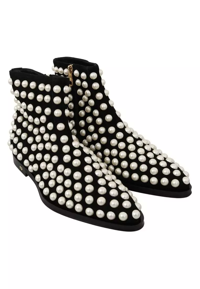 Dolce & Gabbana Black Suede Pearl Studs Boots Shoes
