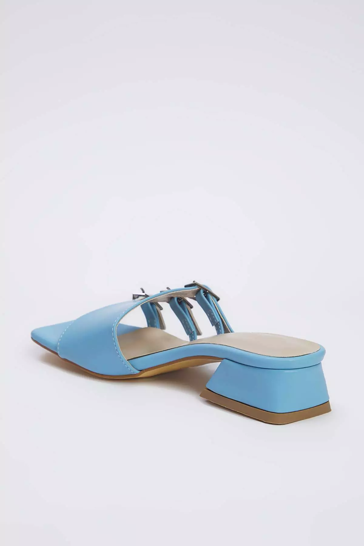 Baby Blue Gold Buckle Block Heel Women Heels Slippers Takss25To00036