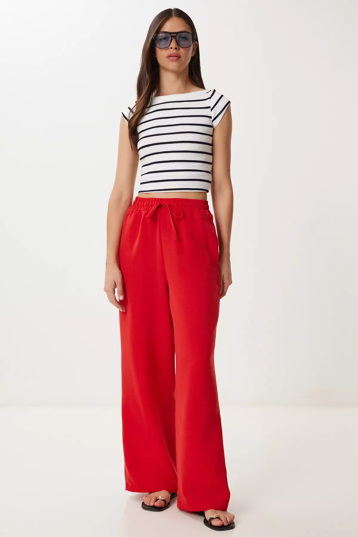 Women's Red Wide Leg Linen Trousers Dp00261