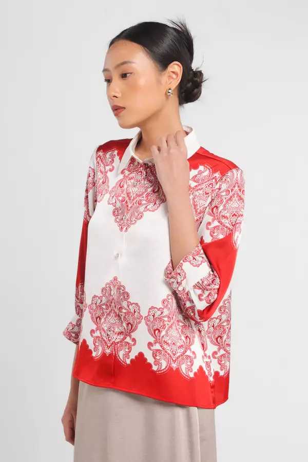 MINIMAL - Cantika - Kemeja A-Line Motif Kawung - Red Colour Red