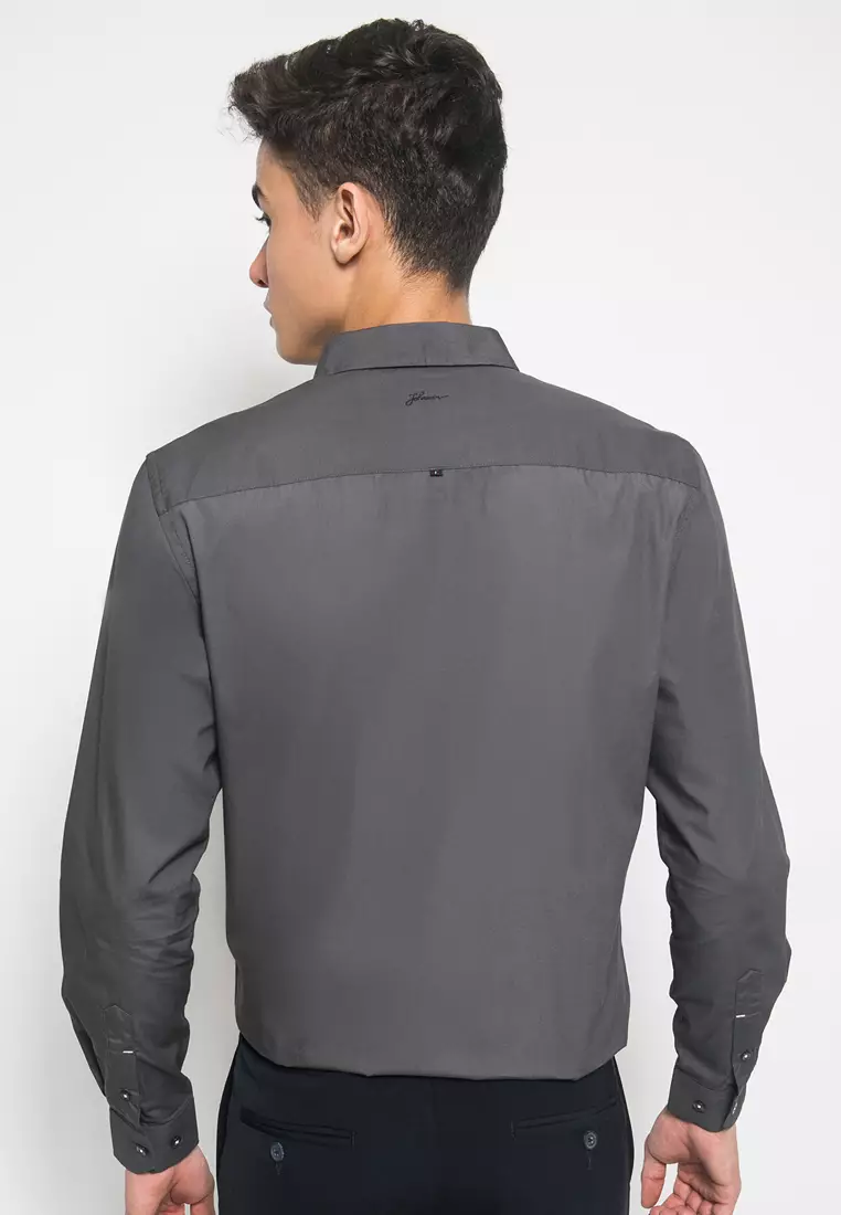 Johnwin - Kemeja Casual - Kemeja Pria - Polos - Lengan Panjang - Abu - Slim Fit - ASH.670.K871.769.C