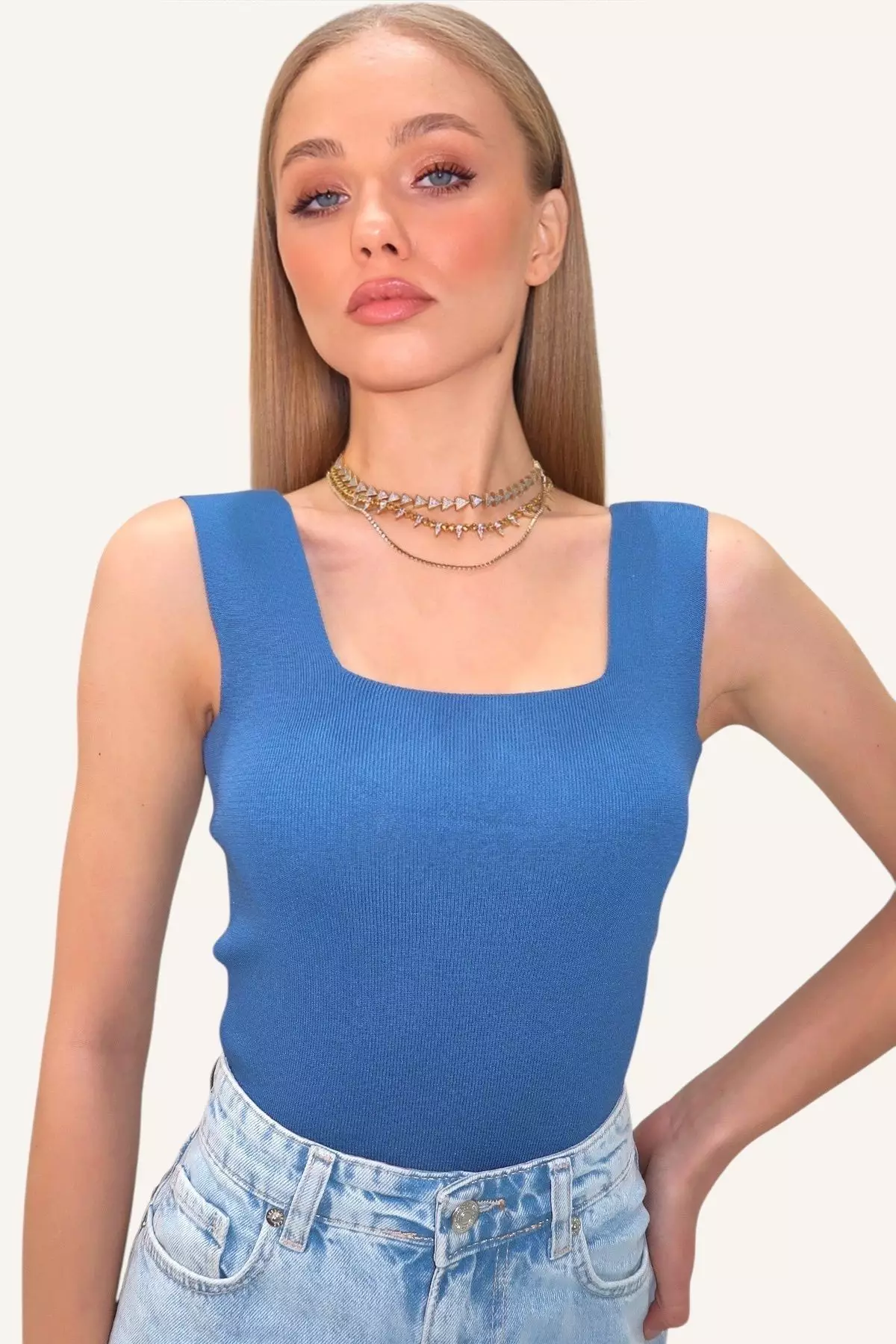 Women's Aviator Blue Square Neck Slim Mercerized Blouse