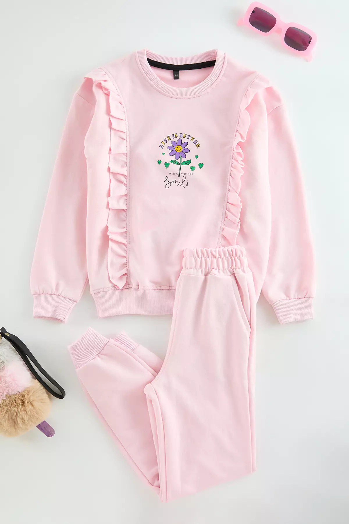 Pink Flower Patterned Girl's Pajamas Set - Knitted Set Tkdaw25Au00077