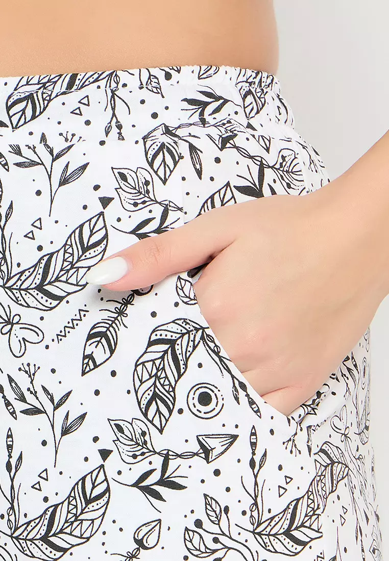 Clovia Printed Button Down Shirt & Pyjama Set in White - 100% Cotton