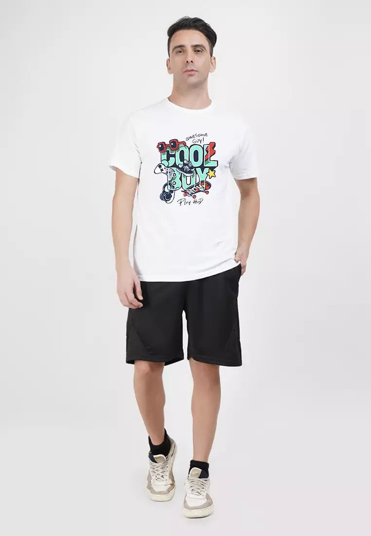 Cool Boy 图案白色纯棉标准版型T恤/短袖T恤，圆领
