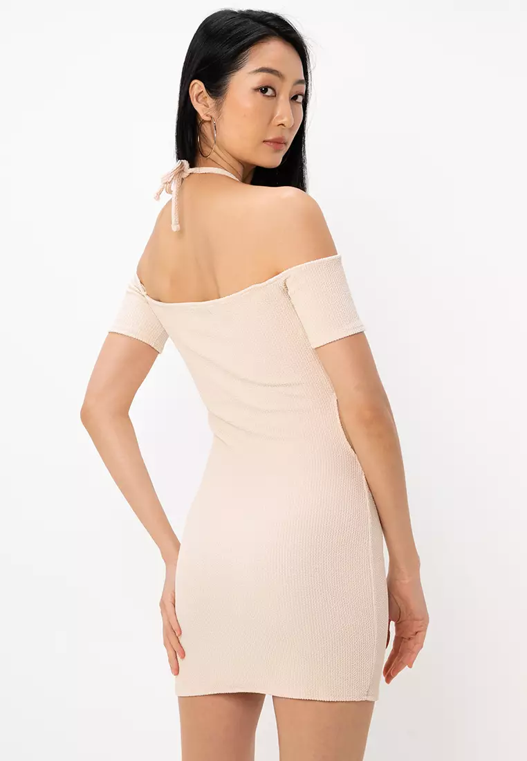 Crinkle Halter Cut Out Detail Mini Dress With Low Rise