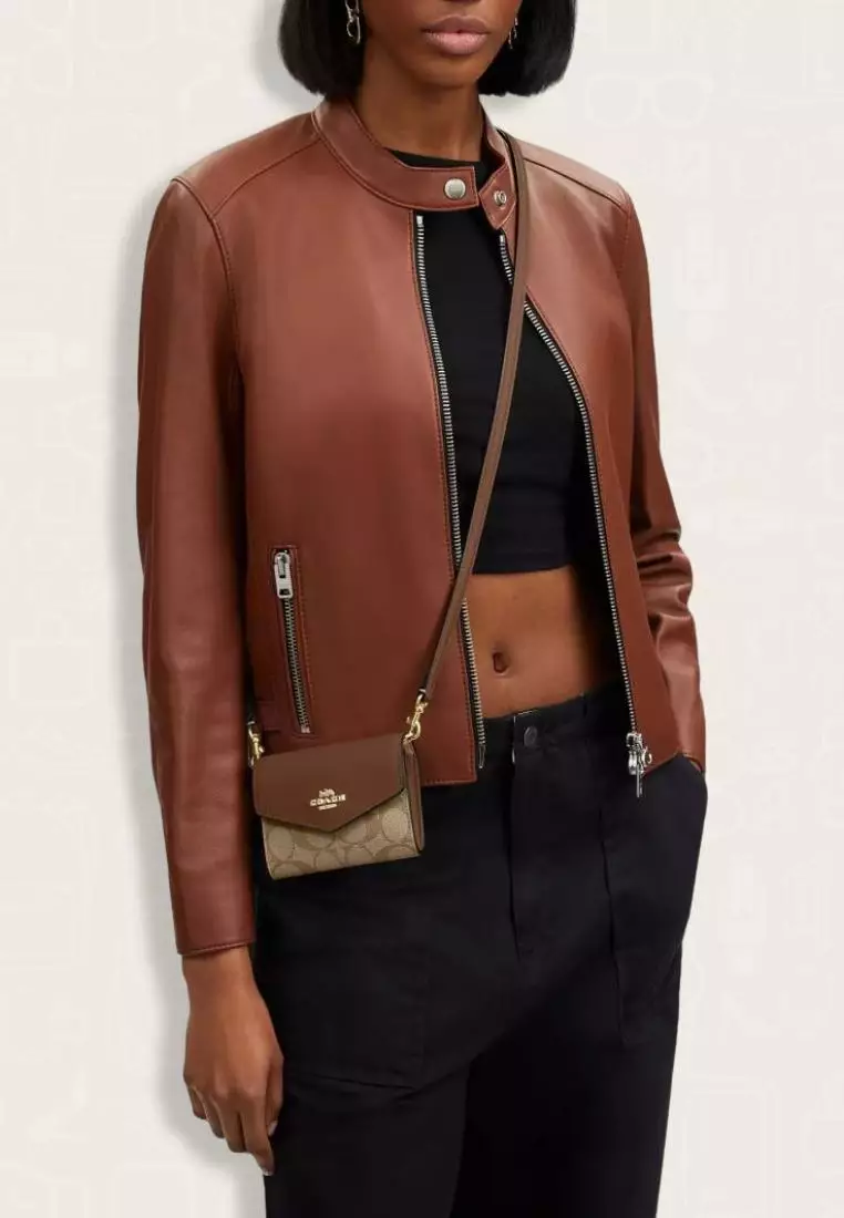 Coach Mini Envelope Wallet With Strap In Signature Canvas Khaki Saddle