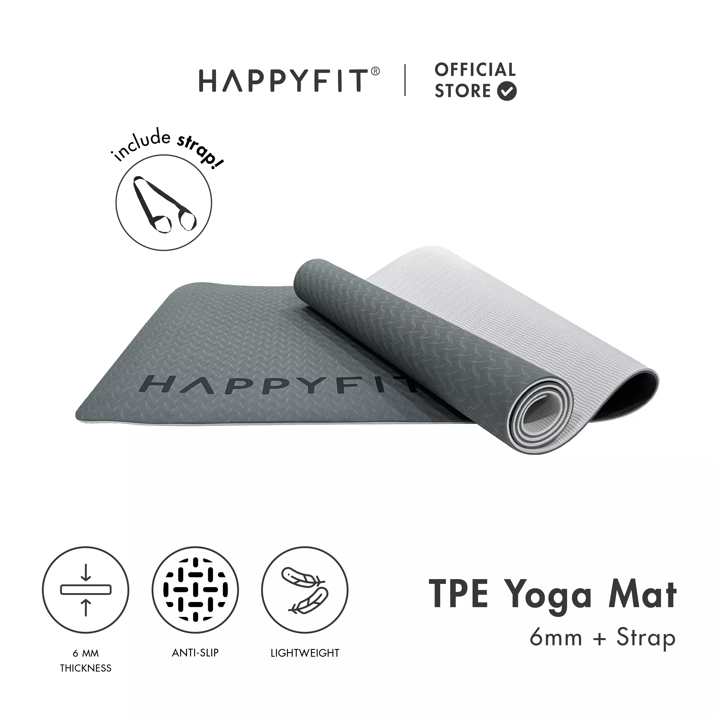 HAPPYFIT - Yoga Mat Polos TPE 6mm Eco Friendly (FREE STRAP) / Matras Yoga / Matras Olahraga / Matras TPE Dark Grey