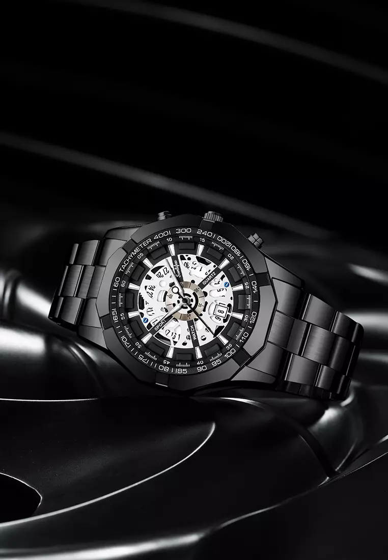 Jam Tangan Pria Original Calendar Luxury Bisnis Tali Stainless Steel Jam Tangan Cowok 9096 allblack