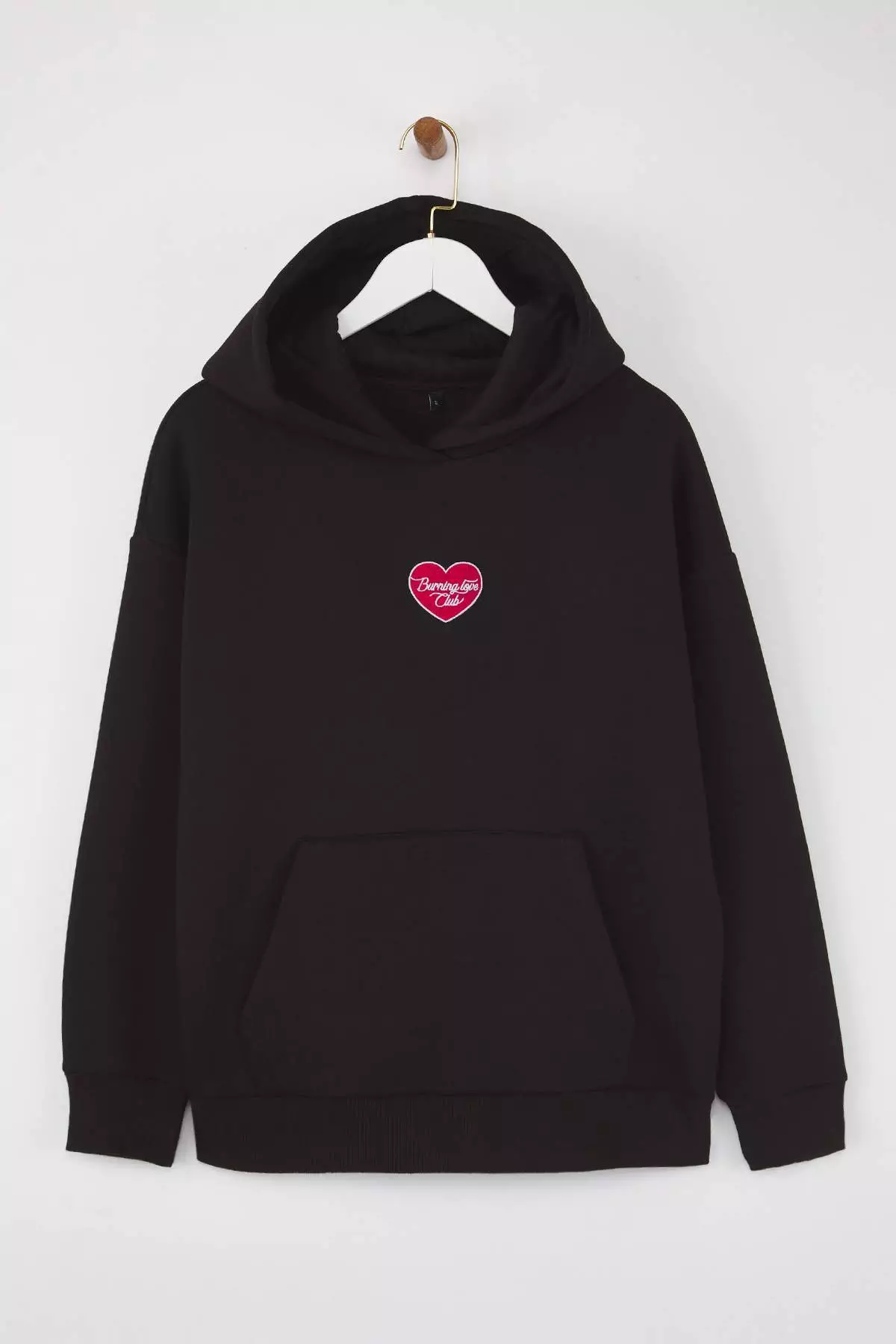 Teen Black Thick Polar Fleece Heart Printed Hooded Oversize Knitted Sweatshirt
