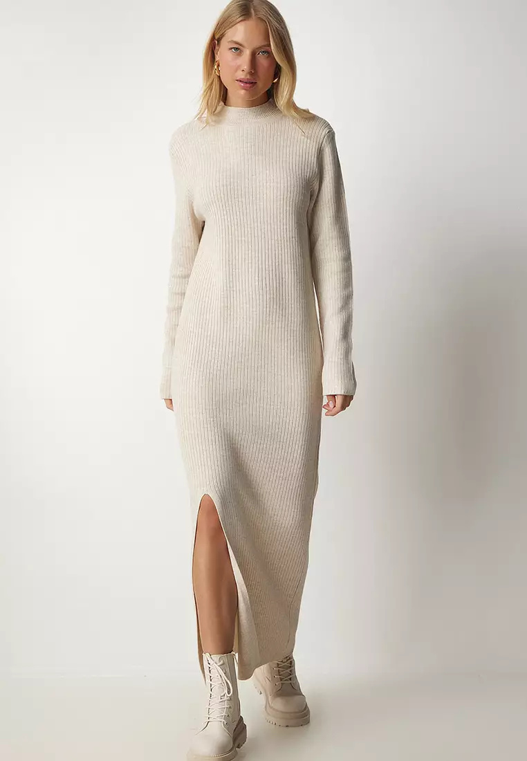 Turtleneck Slit Long Knit Dress