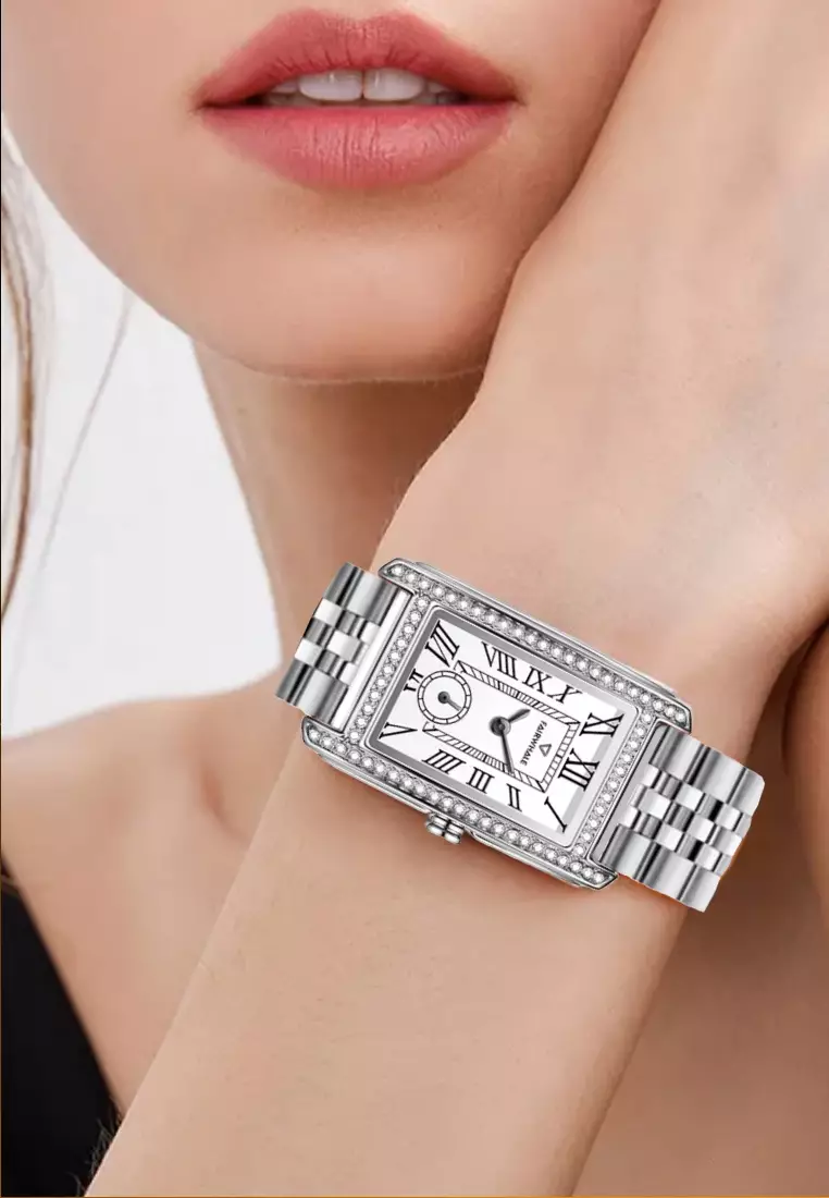 Ladies Stainless Steel Quartz Watch, Stainless Steel Bracelet + Free Orange Leather Strap