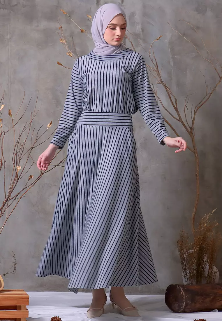JV Hasanah Oneset Simple Stripes Grey | Setelan Rok Salur Layer Kanan Kiri