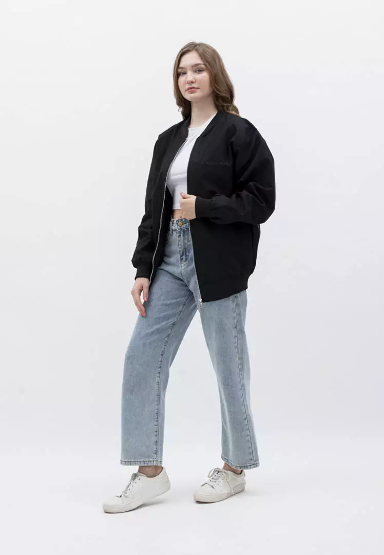 Houseofcuff Jaket Bomber Wanita Pria Unisex Polos Windbreaker Hitam