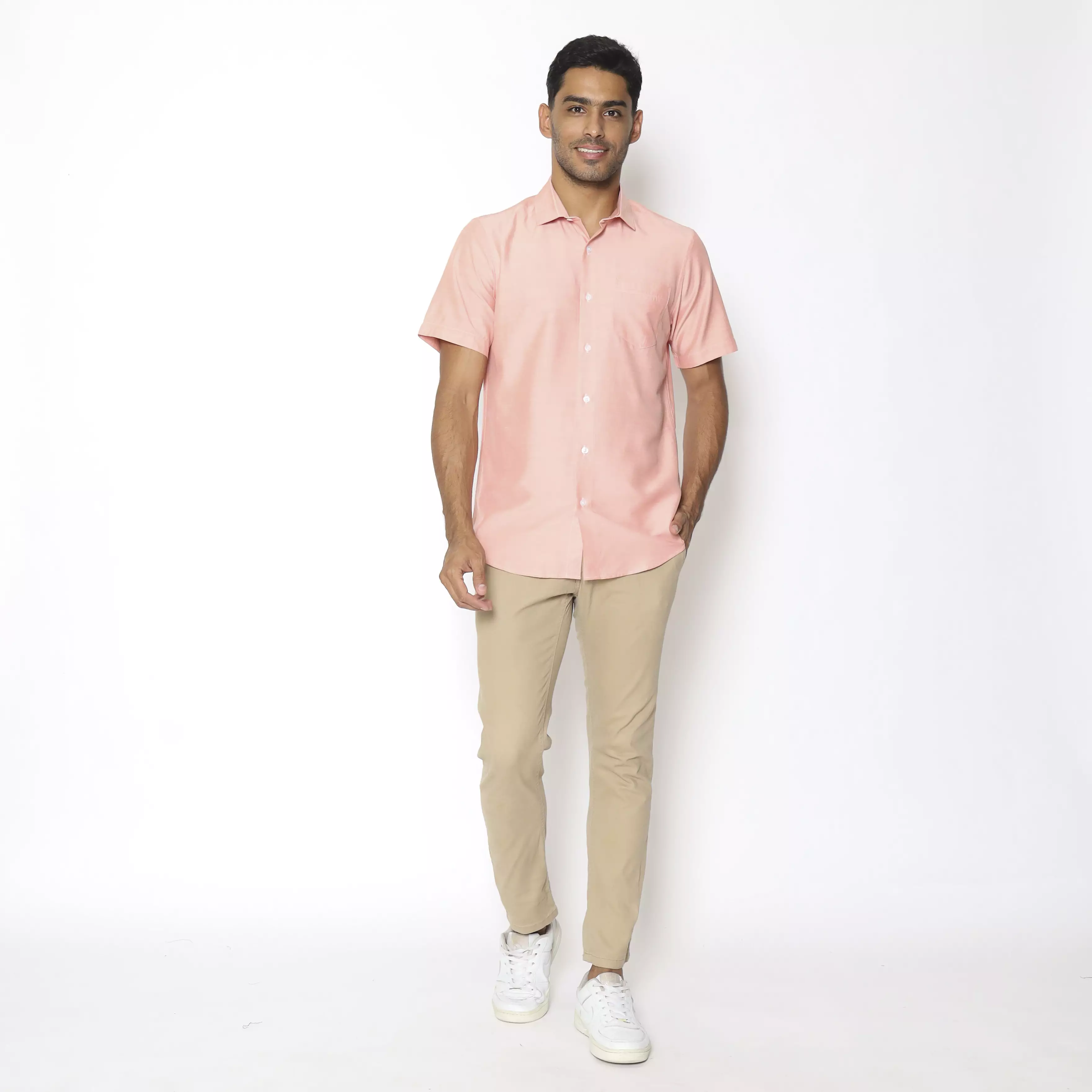 MAGINOT Kemeja Pria Basic Stripe Pendek SALMON