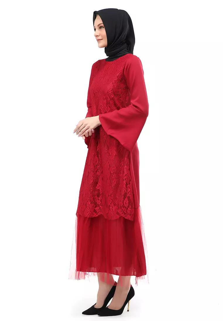 Regita Gamis Brukat Muslimah Wanita Long Dress Regular Fit - Maroon