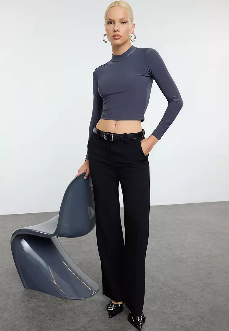 Dark Gray Sleeve Gather Detailed Fitted High Collar Crop Stretchy Knitted Blouse TWOAW23EL01391