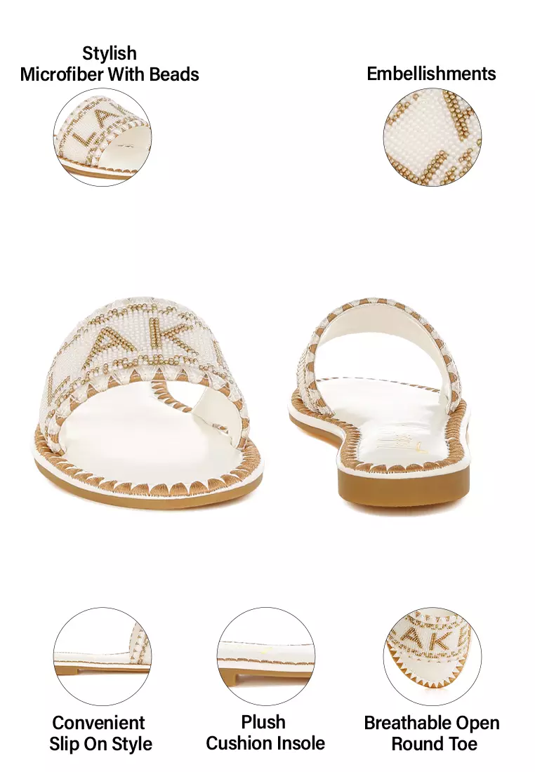 Beaded Lake Como Flat Slip Ons In Beige