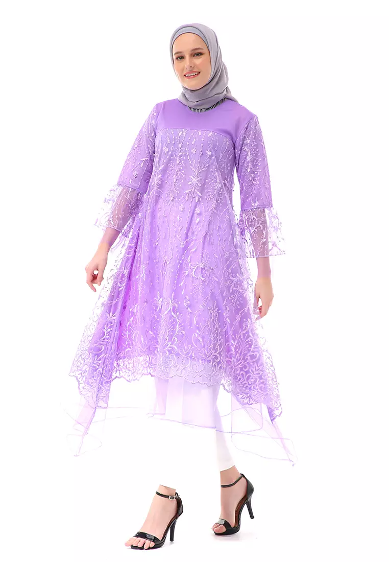 Laika Dress Muslimah Brukat Long Sleeve High Quality Premium Wanita - Lilac