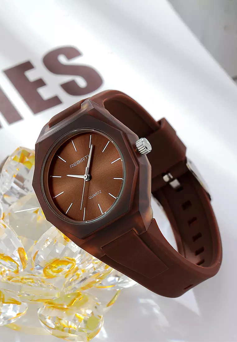 Jam Tangan Wanita Simple Analog Tali Silicone Anti Air Jam Tangan Cewek brown