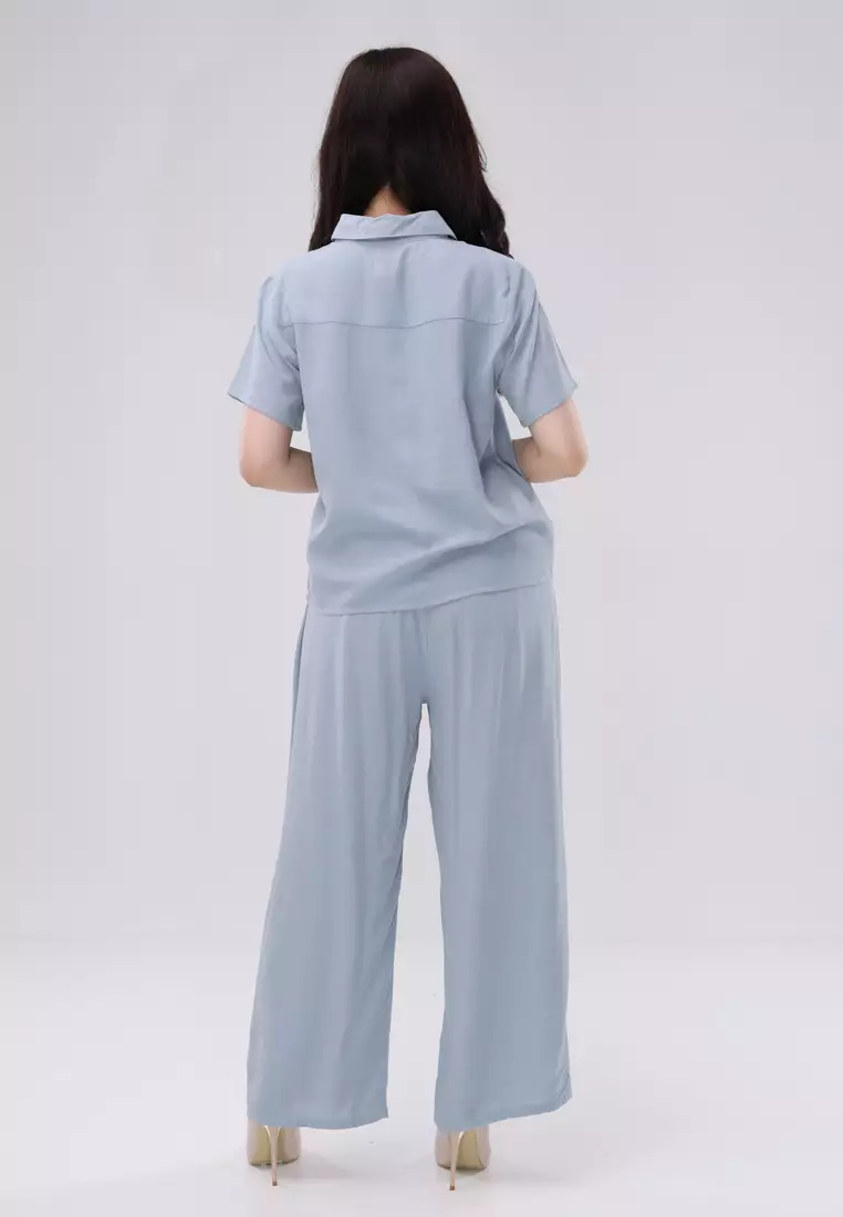 Plain Soft Linen Short Sleeves Collared Blouse/Pants