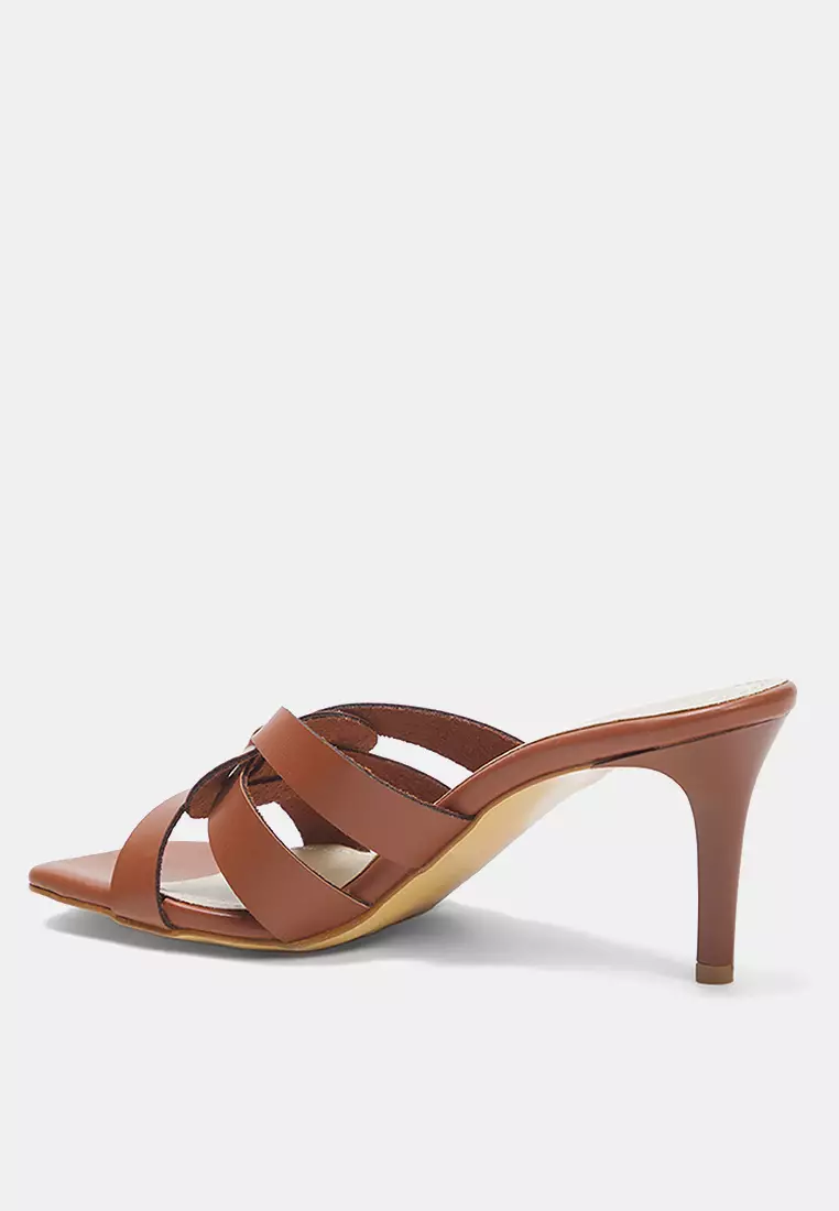 Tan Square Toe Women Thin Heels Slippers Takss25To00083