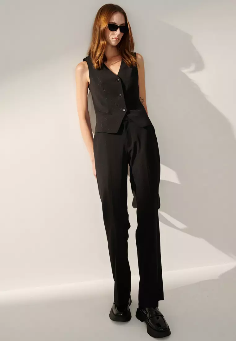 Silver Metallic Thread Textured Black Straight Leg Trousers
