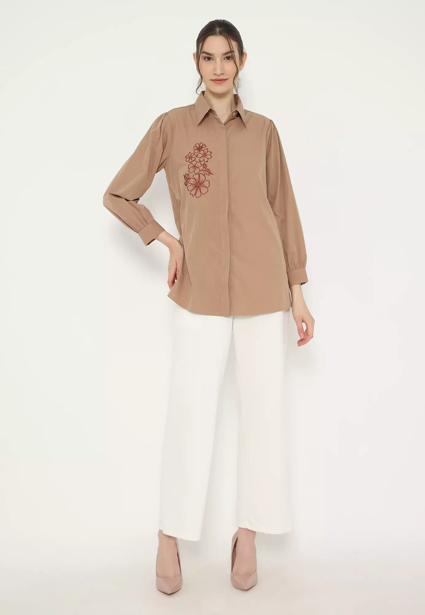 Shirt Brown Embroidery Long Sleeve Arlette By Brilliant Girl Warna Coklat