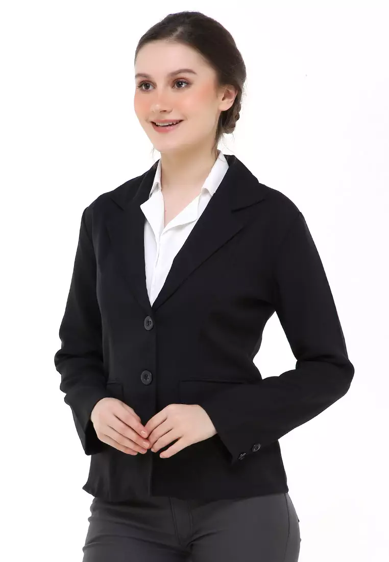 Qemsya Jas Blazer Wanita Two Pockets Two Button Formal Longsleeve Suit Material Polyester ORIGINAL - Black