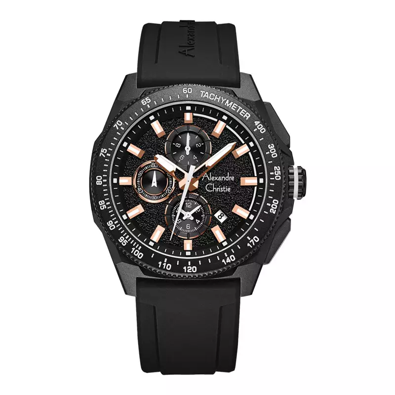Jam Tangan Pria Alexandre Christie Chronograph AC 6688 MC RIPBARG Men Black Dial Black Rubber Strap
