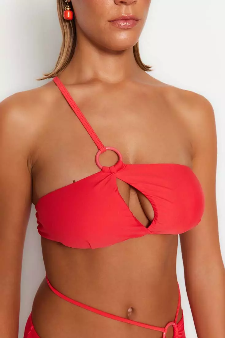 Red one shoulder bikini hotsell top
