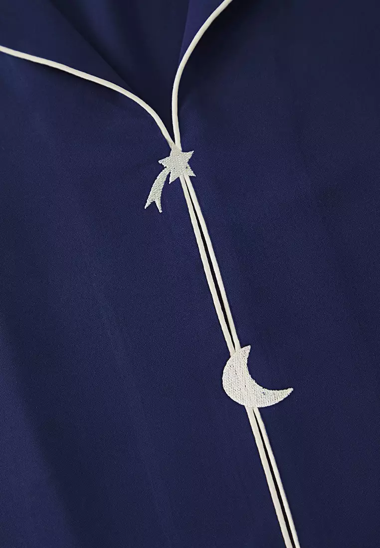 Navy Blue Embroidery and Piping Detail Viscose Woven Pajama Set TBBSS25AI00015