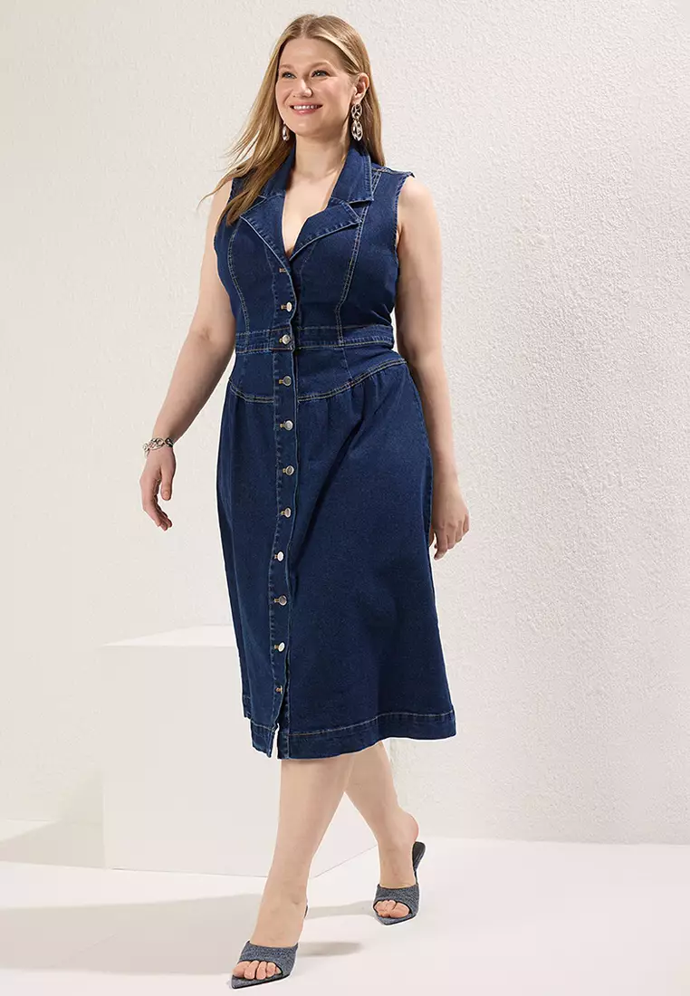 Dark Blue Jacket Collar A-Line Denim Plus Size Dress Tbbss25Ah00118
