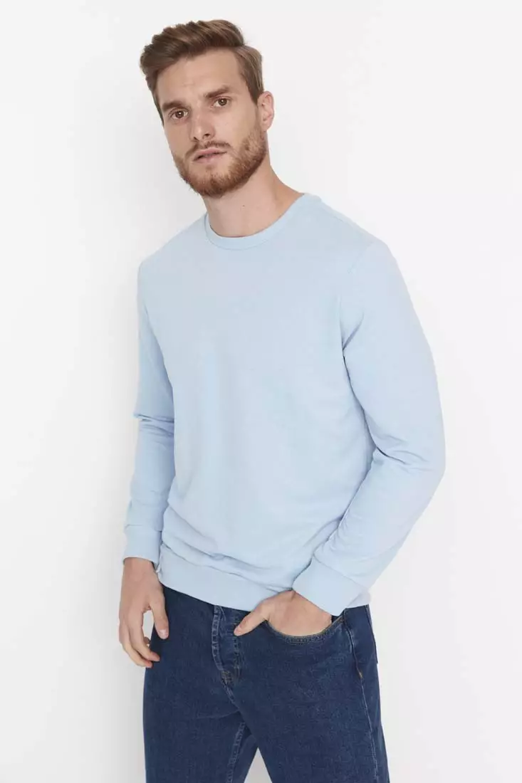 Buy Trendyol Blue Men s Basic Regular Real fit Crew Neck Long