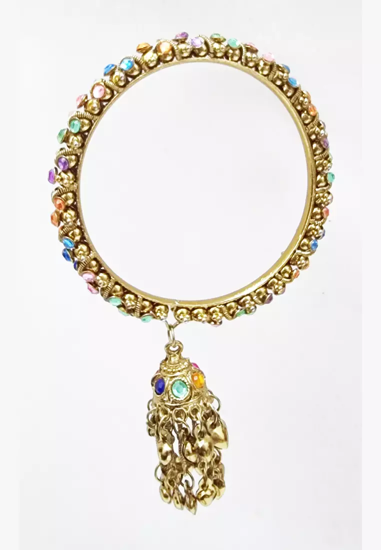 MultiColoured Diamante Tassel Bangle Gelang Wanita Gold