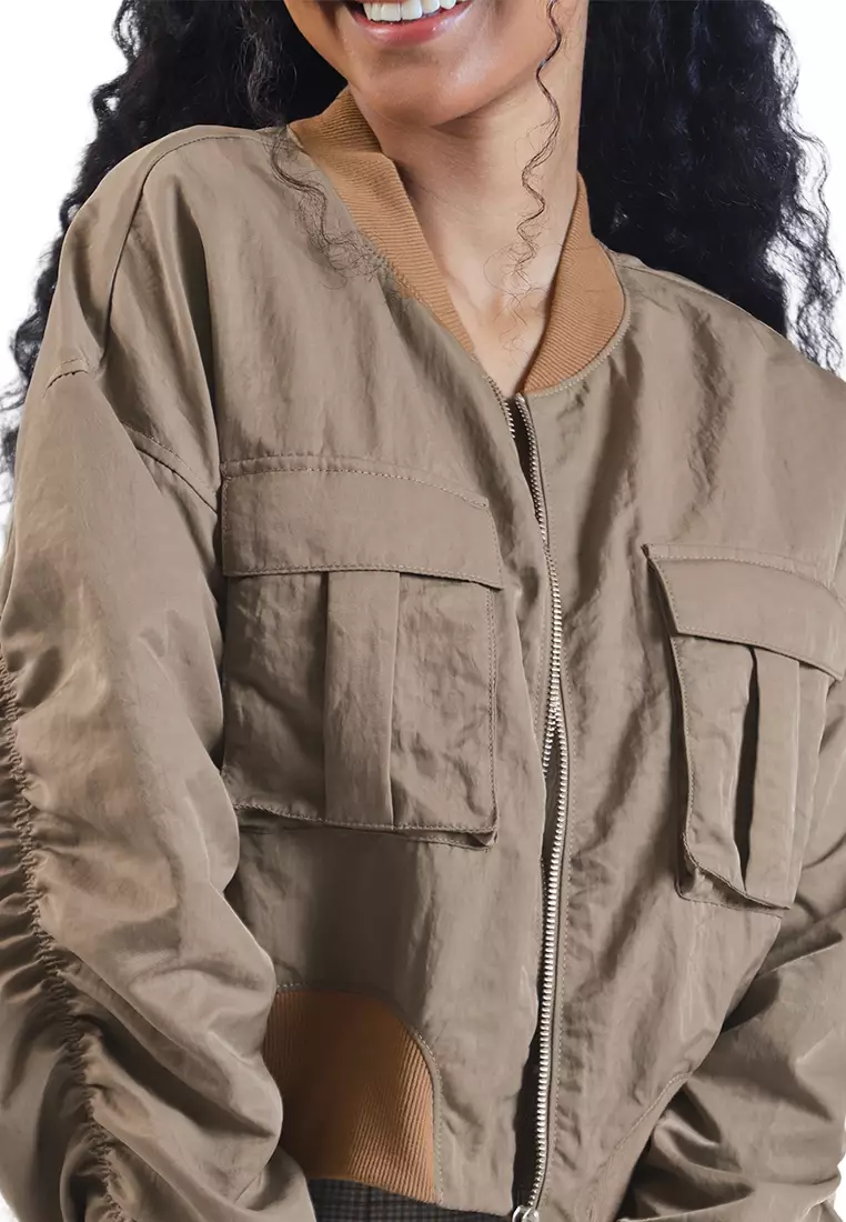 Cropped Bomber Jacket with Ruched Sleeves