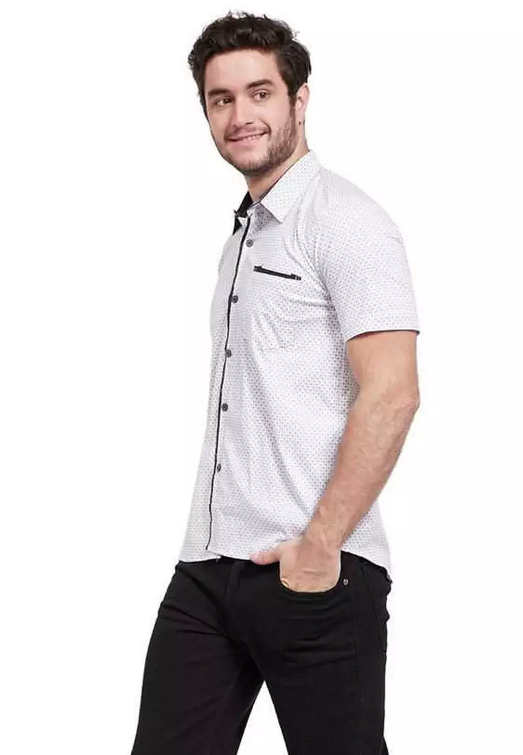 Dwan Shirt Baju Kemeja Atasan Kasual Pria Lengan Pendek Style Printed ORIGINAL - Blue