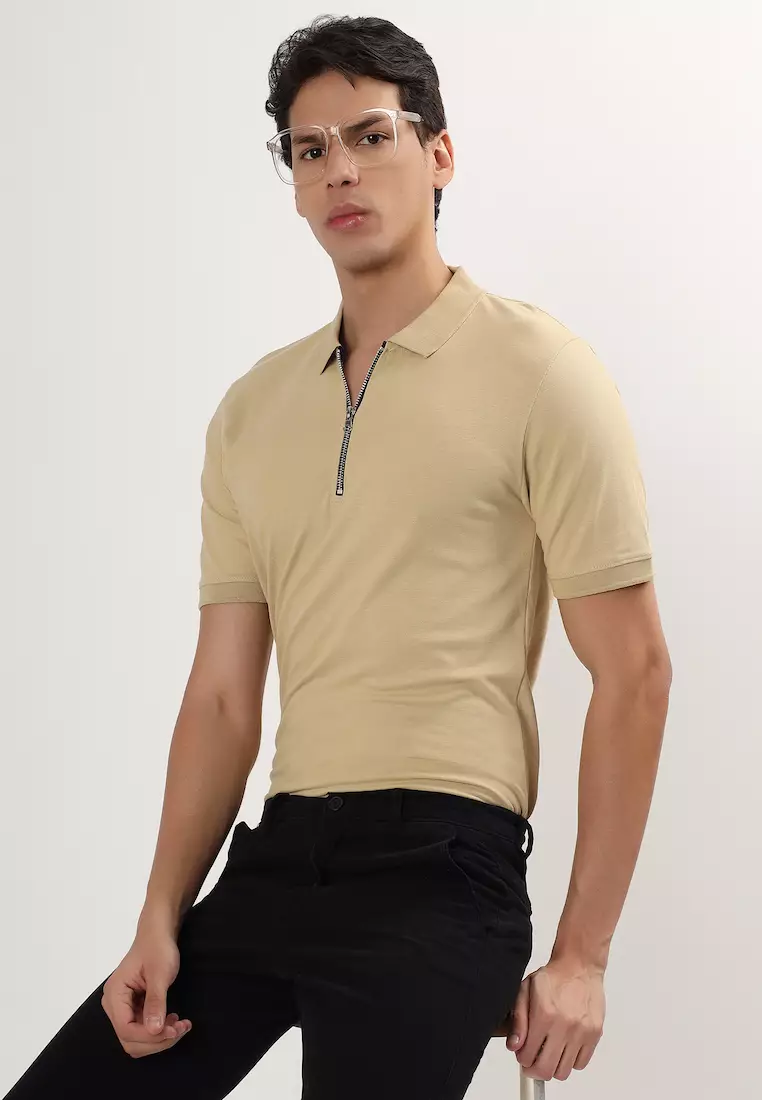 Mens Solid Brown Cotton Relaxed Fit Polo Shirt/Tshirt With Zip, Short Sleeve, Activewear, Casual Wear