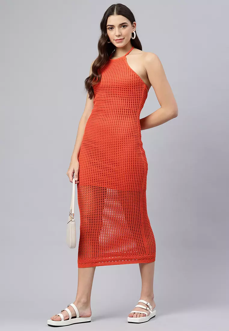 Gaun Punggung Terbuka Leher Halter Warna Oranye