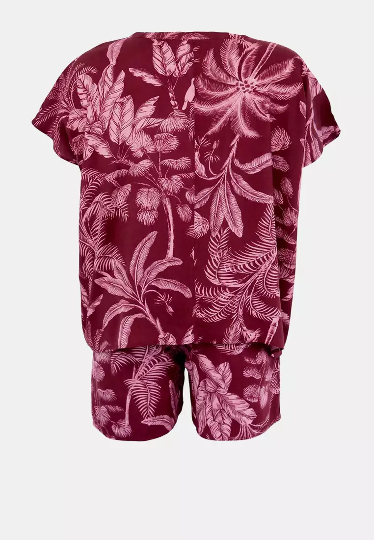 Pink Palm Pattern Batwing Sleeve Woven Plus Size Pajama Set Tbbss26Ai00045