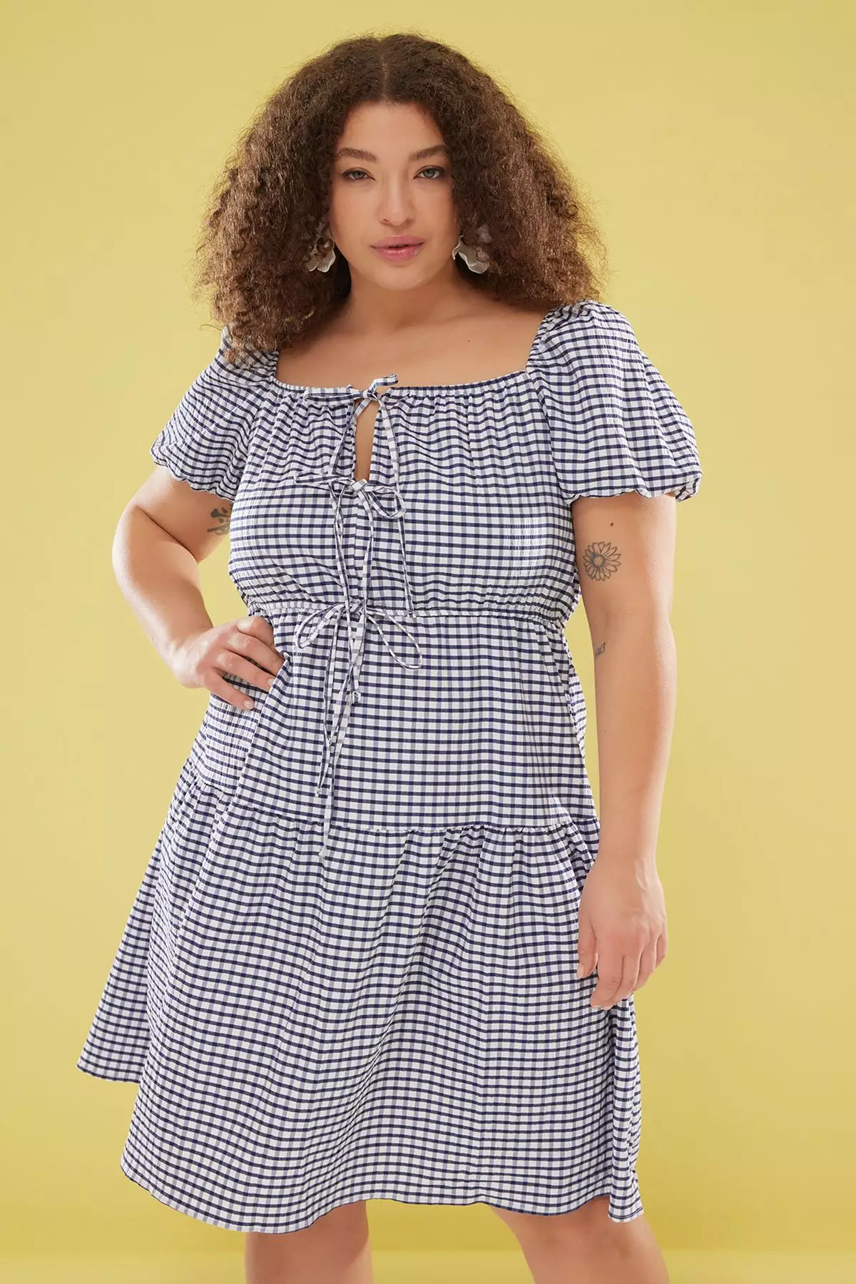Bow Plaid/Check Short Balloon Sleeve Mini Plus Size Dress