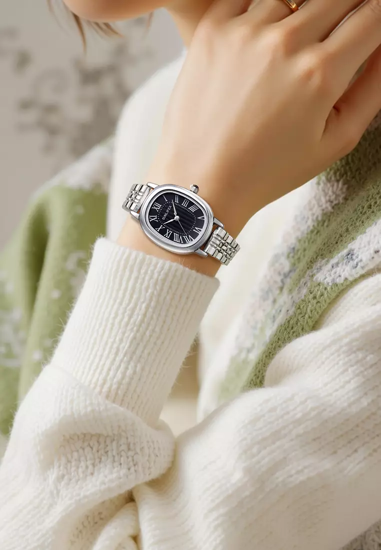 Jam Tangan Wanita Analog Original Korean Tali Rantai Oval Stanless Anti Air Jam Tangan Cewek silverblack