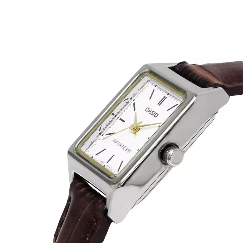 Jam Tangan Wanita Analog Casio Standard LTP-V007L-9EUDF LTPV007 LTP-V007L Tank Champagne Dial Brown Leather Band