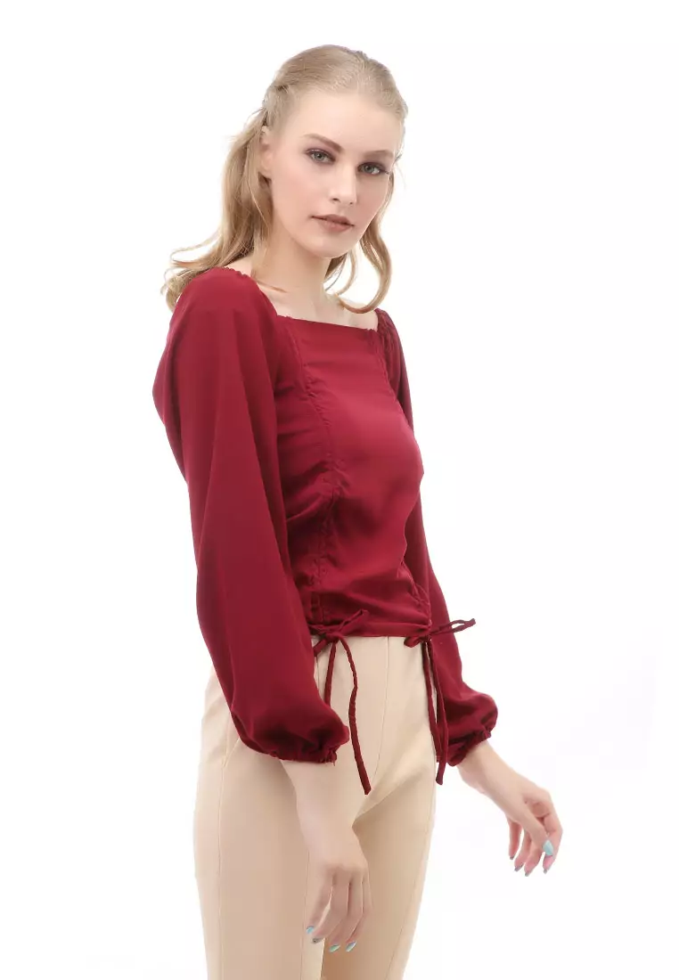 Cheva Blouse Atasan Wanita Sabrina Tali Lengan Panjang Casual Top Long Sleeve Comfortable Material Wolfis ORIGINAL - Maroon